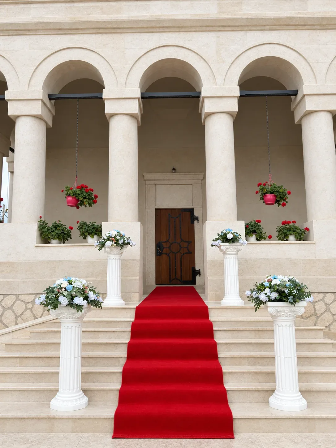 Intrare în biserică decorată cu covor roșu pe trepte și coloane romane albe cu aranjamente de flori albe și albastre